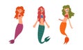 Mermaid or Seamaid with Lush Hair Floating Underwater Vector Set Royalty Free Stock Photo
