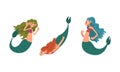 Mermaid or Seamaid with Lush Hair Floating Underwater Vector Set