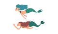 Mermaid or Seamaid with Lush Hair Floating Underwater Vector Set