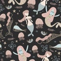 Mermaid seamless pattern cute drawing cartoon childish style. Vintage scandinavian baby fish background with creative decoration