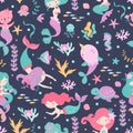 Mermaid seamless pattern. Narwhal and turtle, cartoon cat with fish tail. Cute sea creature, fabric print with beautiful Royalty Free Stock Photo