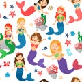 Mermaid seamless pattern on transparent background