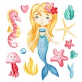 Mermaid, seashells, bubbles, coral on an isolated white background. Watercolor drawing