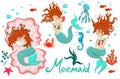 Mermaid set of three mermaids, underwater animals and algae