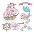 MERMAID SHIP Sea Travel Color Vector Illustration Set for Print Royalty Free Stock Photo