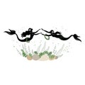 Mermaid silhouette. Beautiful girls swim in the water, dance. The lady is young and slim. Fantastic fairy tale image of