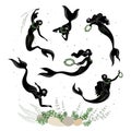 Mermaid silhouette. Beautiful girls swim in the water, dance. The lady is young and slim. Fantastic fairy tale image of