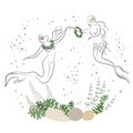 Mermaid silhouette. Beautiful girls swim in the water, dance. The lady is young and slim. Fantastic fairy tale image of