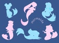 Mermaid silhouette. Sea girl with fish tail. Pink and blue water characters. Aquatic creature. Underwater people Royalty Free Stock Photo