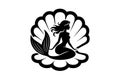 Mermaid Silhouette Sitting Inside Open Seashell Vector Illustration for Tattoo Design and Coloring Book Royalty Free Stock Photo