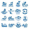 Mermaid silhouettes. Fantasie swimming women with flippers and tails marine mermaid vector emblems collection