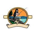 Mermaid or Siren with Fishing Rod and Reel Fly Fishing on Lake Oval Retro Style