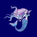 Mermaid or siren silhouette with long hair and shell on dark blue background