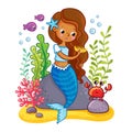 The mermaid sits on a rock and combs.