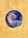 The Mermaid is sitting on the half- moon. Watercolor drawing.