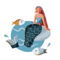 Mermaid sitting on rock in sea. Medieval Norway mythology and fantasy tales vector illustration. Young woman with tail Royalty Free Stock Photo