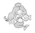 Mermaid, sitting on a seabed, with two little fish.