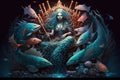 Mermaid sitting on a throne of coral, holding a scepter and surrounded by a school of fish with glowing eyes illustration