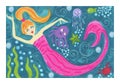 Mermaid surfer riding waves mermaid fantasy ocean watercolor art