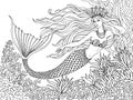 Mermaid swiming undersea, hand drawn linen vector illustration on a white background