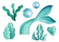 Mermaid tail, bubbles, algae on an isolated white background. Watercolor drawing Royalty Free Stock Photo