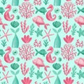 Mermaid tail, seahorse, fish and corals watercolor illustration. Seamless pattern