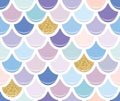 Mermaid tail seamless pattern with gold glitter elements. Colorful fish skin background. Trendy pastel pink and purple