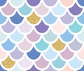 Mermaid tail seamless pattern with gold glitter elements. Colorful fish skin background. Trendy pastel pink and purple Royalty Free Stock Photo