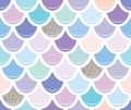 Mermaid tail seamless pattern with silver glitter elements. Colorful fish skin background. Trendy pastel pink and purple