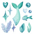 Mermaid tail, seashells, bubbles, coral and pearl on an isolated white background. Watercolor drawing Royalty Free Stock Photo