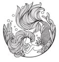 Tattoo art mermaid hand drawing and sketch black and white