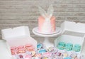 Mermaid theme candy bar with pink cake with fish tail, french macaroons, soft pastel pink, peach and turquoise seashells biscuits Royalty Free Stock Photo