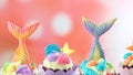 Mermaid theme cupcakes with colorful glitter tails, shells and sea creatures. Royalty Free Stock Photo