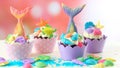 Mermaid theme cupcakes with colorful glitter tails, shells and sea creatures. Royalty Free Stock Photo