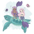 MERMAID TURTLE Cartoon Tropical Animal Vector Illustration Set