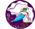Mermaid under water with long white hair, among schools of fish and algae, at the bottom of the ocean