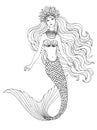 Mermaid undersea, hand drawn linen vector illustration