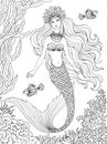 Mermaid undersea, hand drawn linen vector illustration on a white background