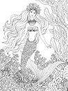 Mermaid undersea, hand drawn linen vector illustration