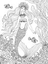 Mermaid undersea, hand drawn linen vector illustration on a white background