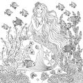 Mermaid undersea, hand drawn linen vector illustration