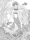 Mermaid undersea, hand drawn linen vector illustration on a white background for coloring book