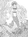 Mermaid undersea, hand drawn linen vector illustration on a white background for coloring book