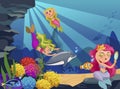 Mermaid underwater. Cartoon ocean deep world with fishes, seaweeds and cute mermaids and dolphin. Undersea bottom vector