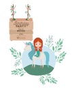 Mermaid with unicorn and wooden label invitation card Royalty Free Stock Photo