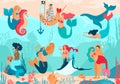 Mermaid vector cartoon beautiful girl princess and merman living underwater in ocean with sea animals whale and seahorse Royalty Free Stock Photo