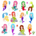 Mermaid vector cartoon seamaid character girl with beautiful tale and colorfil hair underwater seabed illustartion set