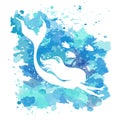 Mermaid, vector silhouette illustration on watercolor spots background.