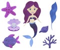 Mermaid watercolor beautiful set of illustrations Maritime collection of fairytale characters Underwater landscape corals starfish