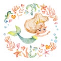 Mermaid Watercolor Surrounded by Frame of sea elements, Sea Horse, corals, bubbles, seashells, anchor, seaweeds. Ocean